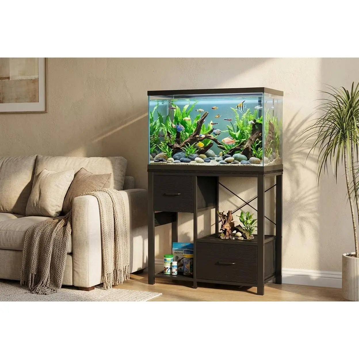 Garvee 20-29 Gallon Fish Tank Stand with Power Outlets, Heavy Duty Metal and Wood Construction, 4-Tier Open Storage Shelves, and Sturdy Legs for Aquarium Support and Organization