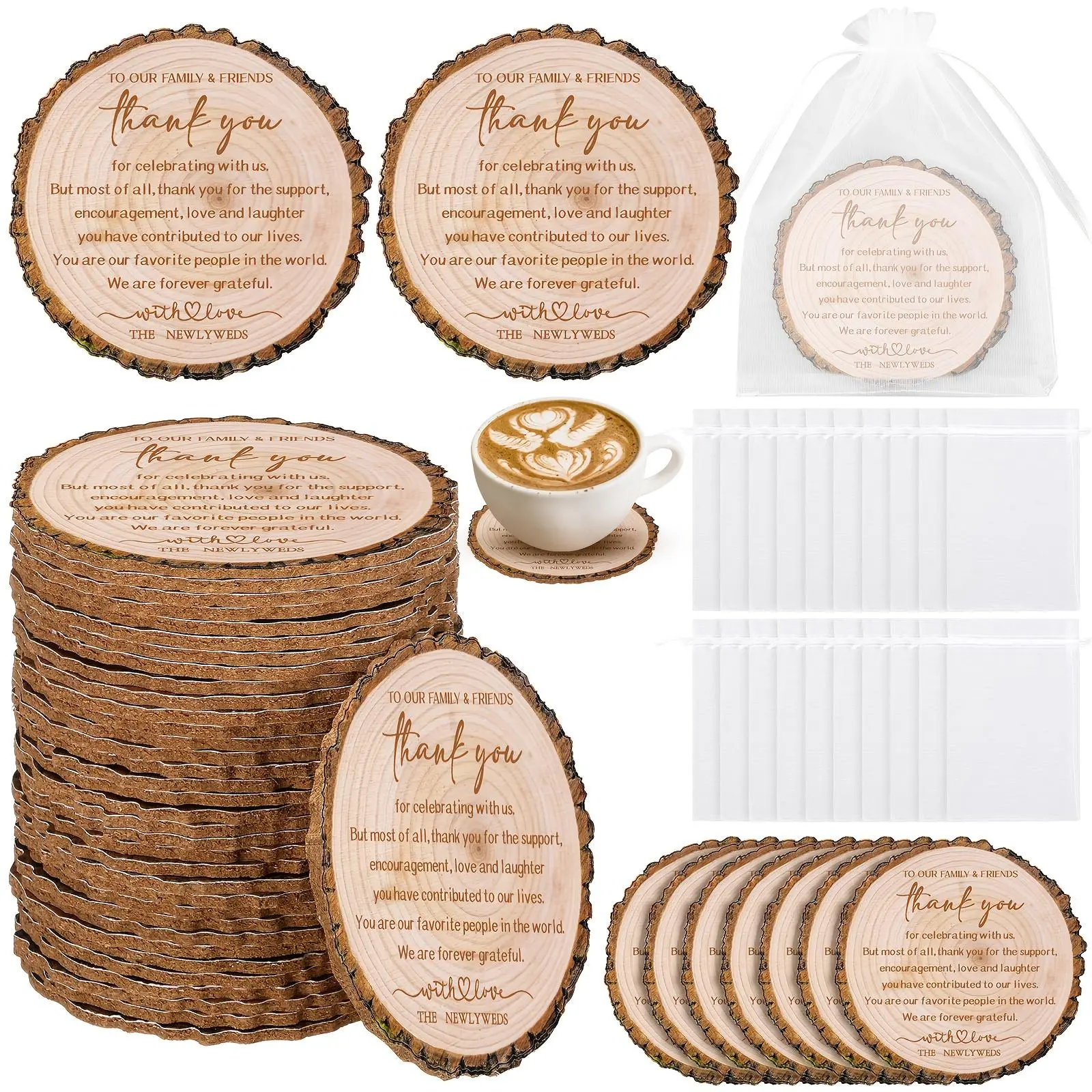 200pcs Wedding Favors Included 100 Tree Bark Cork Coasters And 100 White Organza Bags For Guests Cork Coasters Bulk Thank You For Celebrating With Us Party Decoration Wood Coaster Rustic Wedding Christmas,Halloween Gift