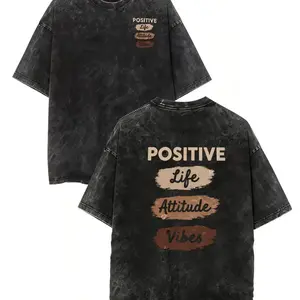 Vintage Acid Wash Graphic Tee - Black Oversized T-Shirt with Positive 'Life Attitude Vibes' Back Print, Crew Neck & Flared Hem - Unisex Streetwear for Casual & Festival Style