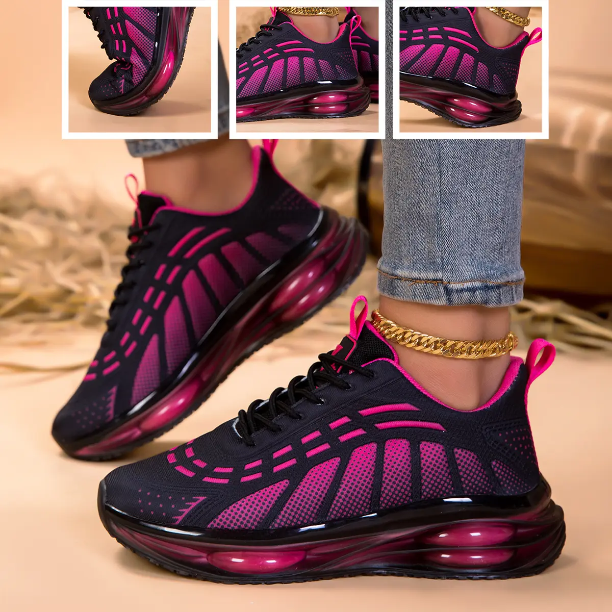 Women's Mesh Fabric Tennis Sneakers - Breathable Gradient Knit, Full Air Cushion Shock Absorption, Sweat-Wicking, Lace-Up Fit - Ideal for Sports, Commute, Daily Wear | Meshshoes, Shoes for Women, Sneakers For Women