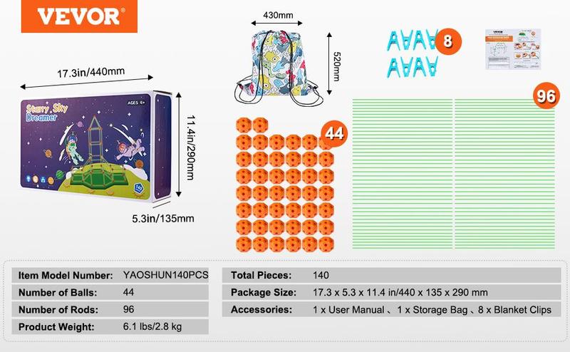 VEVOR Fort Building Kit, 140PCS Glow in The Dark Building Toys, Educational Gift for 4 5 6 7 8+ Year Old Boys & Girls Indoor Play Tent Construction Toys with 96 Rods and 44 Balls  Christmas gift