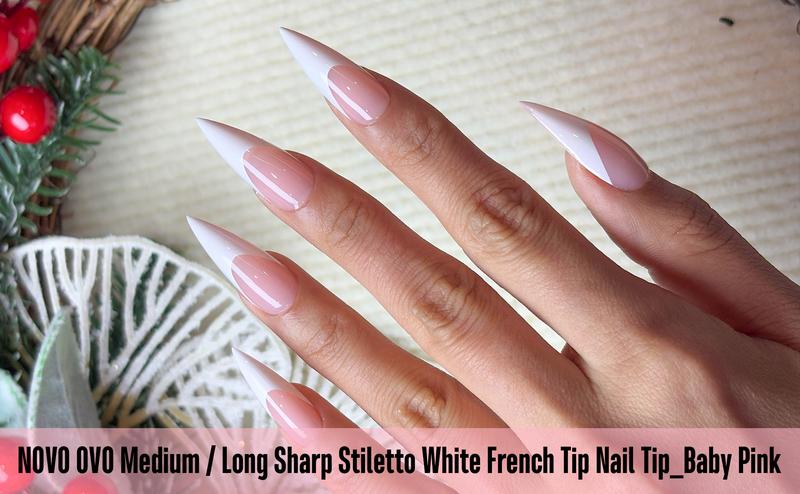 NOVO OVO White French Tip Sharp Stiletto Pointed Medium Long Nail Tips Press on Berry Pink,Soft Gel Fake Acrylic Extension, Full Cover False Nails for Salon DIY x 16 Sizes 160 pcs【NO GLUE ,TOP COATAND LAMP INCLUDED】