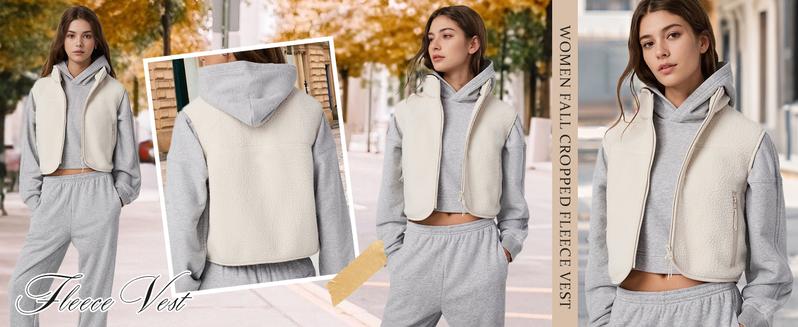 Songling  Short Fleece Vest Women Zip-Up Stand Collar Snow Leopard Vest Cute Sleeveless Fleece Vest with Pockets for Fall Cropped Fabric Womenswear Tops  Casual Winter Beige Basic