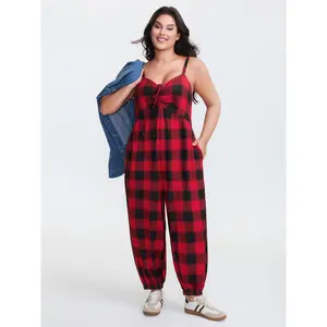 BLOOMCHIC Plus Size Checkered Shirred Drawstring Pockets Jumpsuit [M-6X]2026 Summer Vibes Swimweek