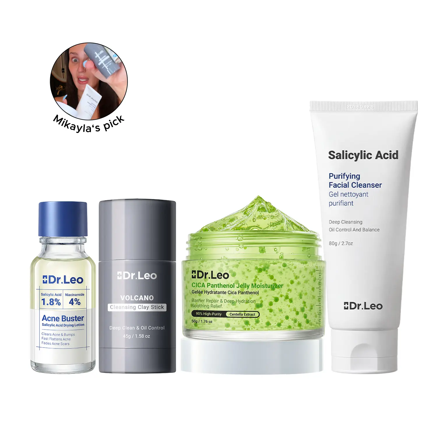 [Mikayla Picks] Dr.Leo 4-Step Acne Care Kit for Oily & Sensitive Skin - Barrier Repair Set with Salicylic Acid, Detox Charcoal Clay Stick, CICA Moisturizer & Spot Treatment, Hyaluronic Acid, Lightweight #sohochic #tiktokshopbacktoschool