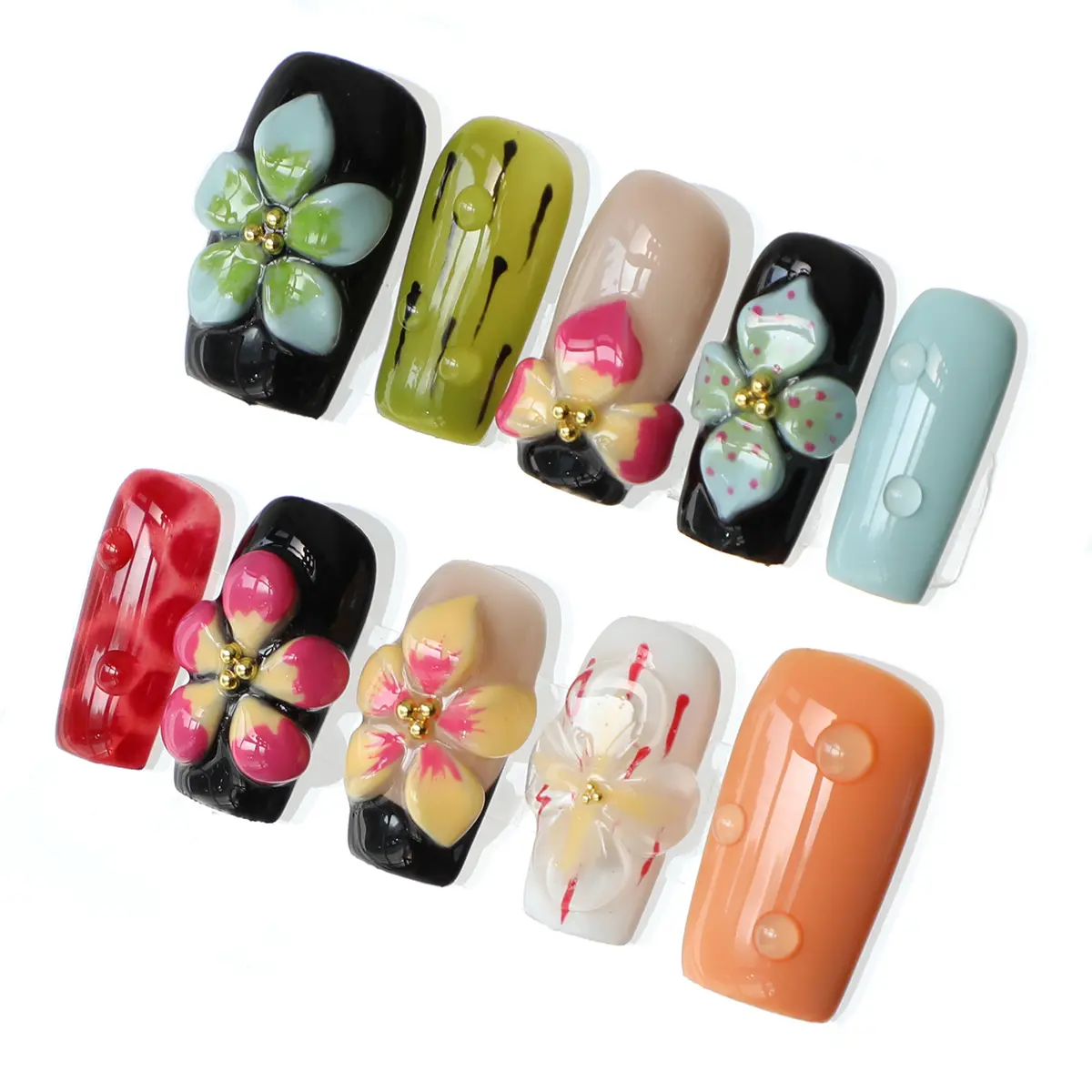 MuseMoodNails PG50 3D Handmade Press On Nails, Classy Medium Square Fake Nails with a Glossy Finish, Reusable Salon-Quality Acrylic Kit for Daily Wear, Medium Square Nails, Cute
