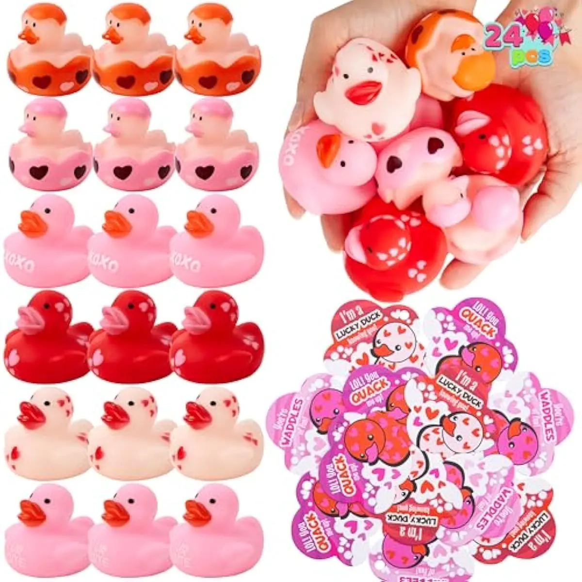 24 Pcs Valentines Day Gift Cards with Rubber Duck for Kids,Mini Rubber Duck Bath Toys for Classroom Exchange Prizes, Valentine Party Favors Toys