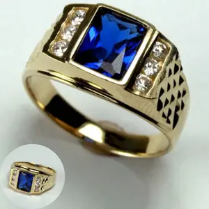 14k gold-plated men's square ring with blue Zirconia stone, perfect as a jewelry gift for weddings, engagements, parties, or everyday wear