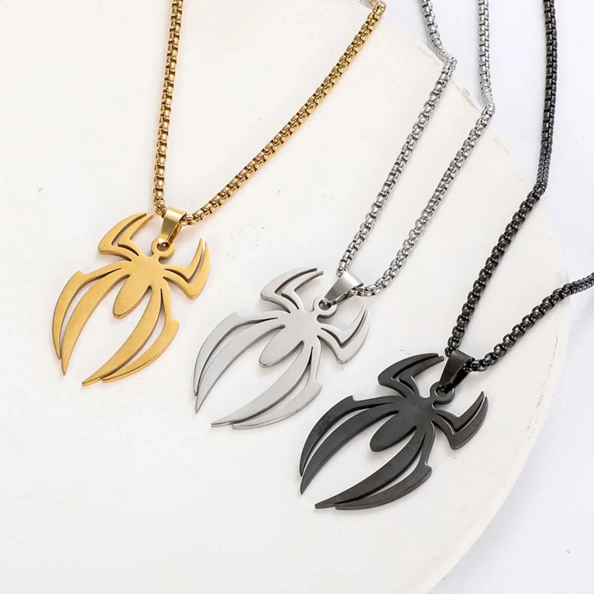 Men's Polished Gothic Sleek Spider Pendant Necklace - Bold Design Unique Jewelry on Smooth Box Chain, Edgy Alternative Layering or Solo Wear Accessory, Ideal Daily Wear Gift, Unique Necklace, Trendy, Modern, Statement Piece, Durable, Casual, Necklaces