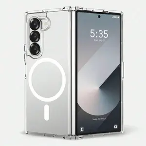 Magnetic Flip Phone Case Compatible with Samsung Galaxy Z Flip 3/4/5/6/7 Fold 3/4/5/6/7 Case, Transparent Back Non-Slip Hard PC Shockproof Bumper Protective Phone Case Cover, Compatible with Magsafe, Suit for Girl/Men