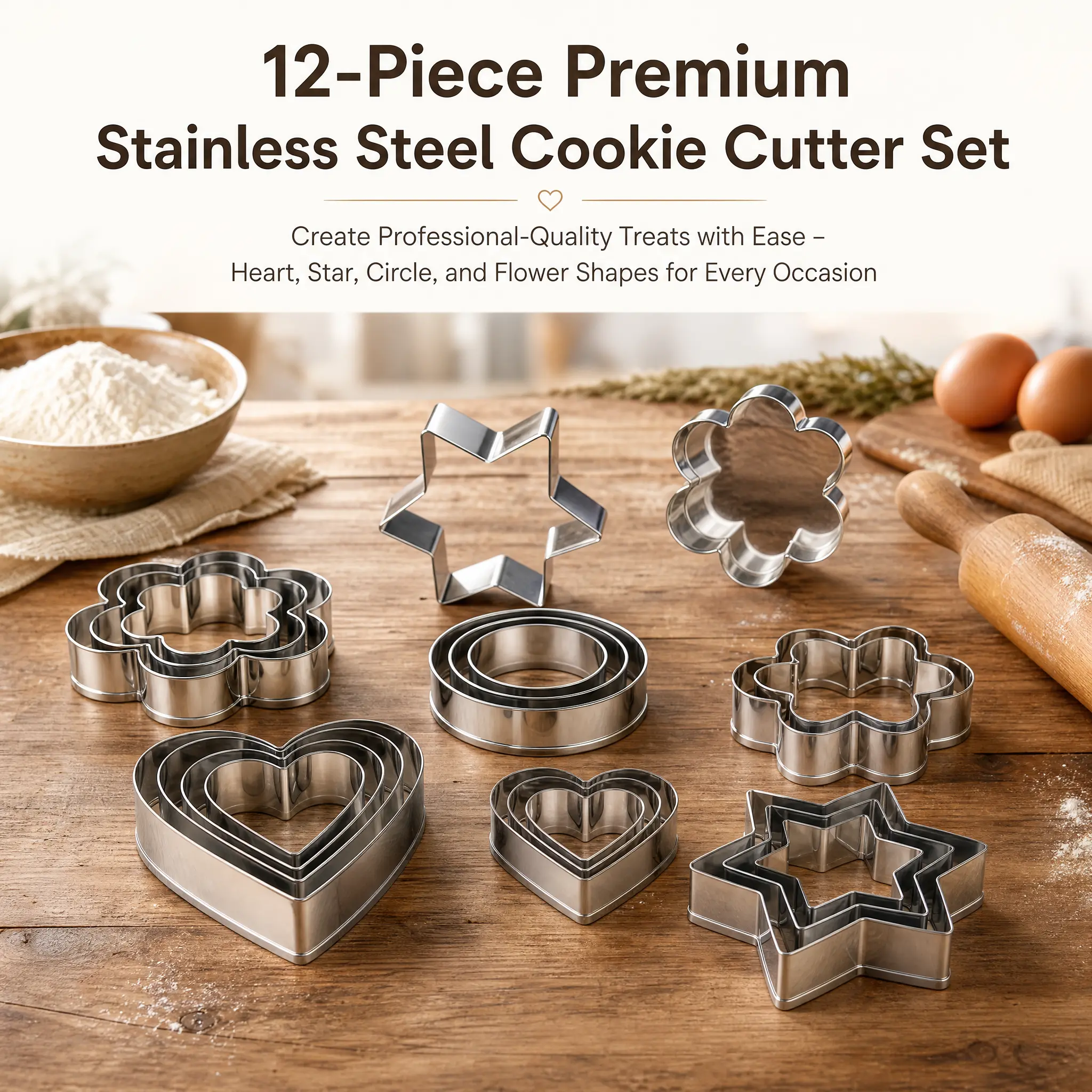 Premium Stainless Steel Classic Cookie Cutter Set - 12-Piece Baking Utensils with 3 Sizes Each of Heart, Star, Circle, Flower Shapes for Bake, Birthdays, Fondant & Fruit Cut (Kitchen Bakeware Supply), Cookiecutter