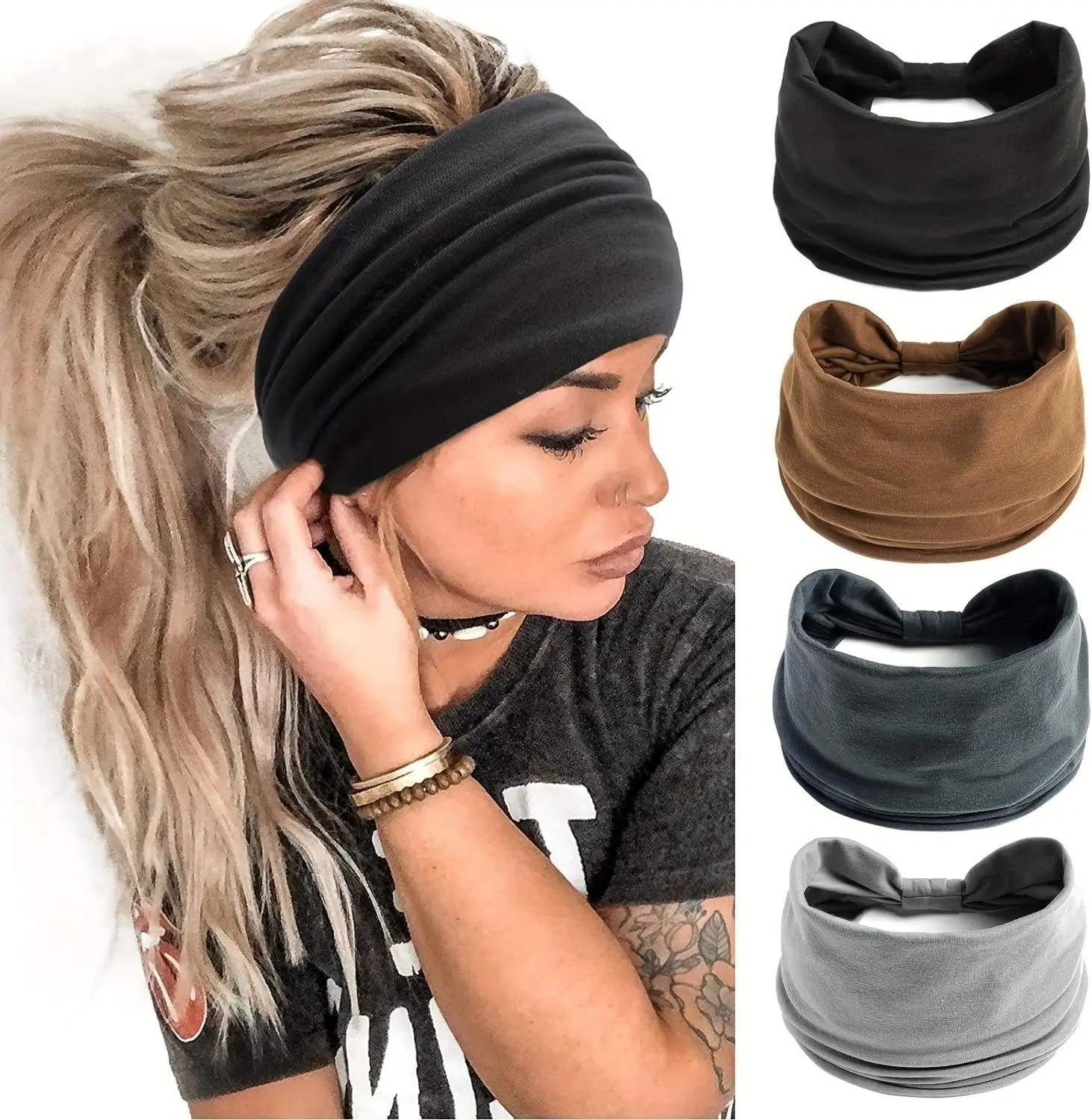 Solid Color Wide Elastic Sports Headband for Women - Yoga, Running, Fitness, Tennis - Sweat Wicking Breathable Headwrap ﻿(4 Pack)