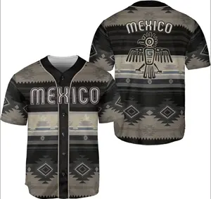 Mexican Jersey for Men – Aztec Tribal Mexico Soccer & Baseball Jersey, Button-Up Short Sleeve, All Over Print Ethnic Pattern, Lightweight Breathable Sports Shirt, Streetwear Style, Mexico Pride Gift