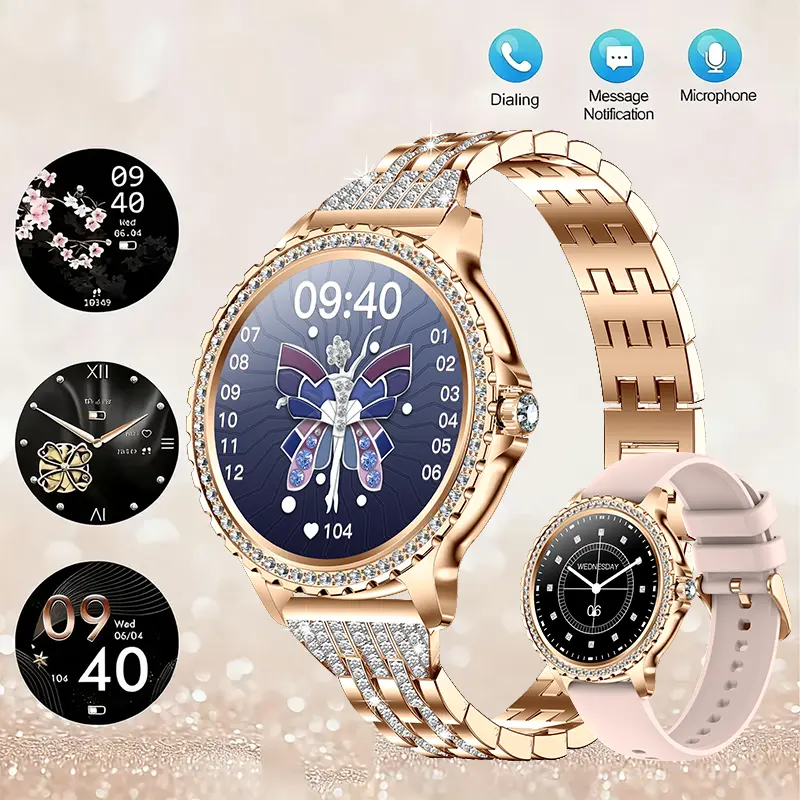 IP68 Rose Gold Women’s Smart Watch with Sparkling Diamond Dial & Strap, 1.32” HD Full Touchscreen, Bluetooth Call Answer or Reject, Sleep & Step Tracker, 100+ Sport Modes, AI Voice Assistant, USB Charging, Extra Strap