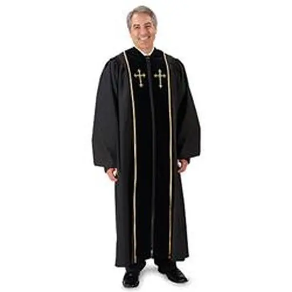 Men's Islamic Cambridge-Style Clergy Pulpit Robe, Comfortable Black Velvet Blend, Gold Embroidery Crosses, Full Zip, Side Pleats, Lined Cuffed Sleeves, 59 in.