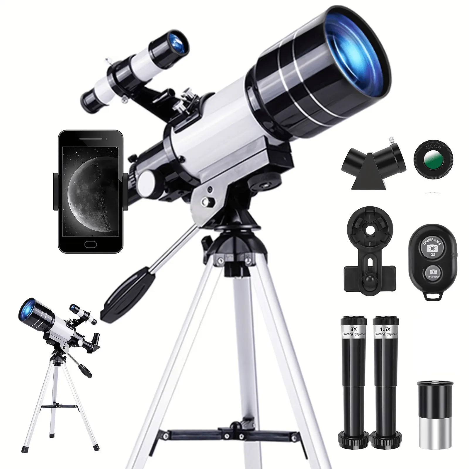 150X telescope, 70mm aperture telescope, suitable for adults, portable astronomical telescope, with tripod phone holder, eyepiece, Barlow lens