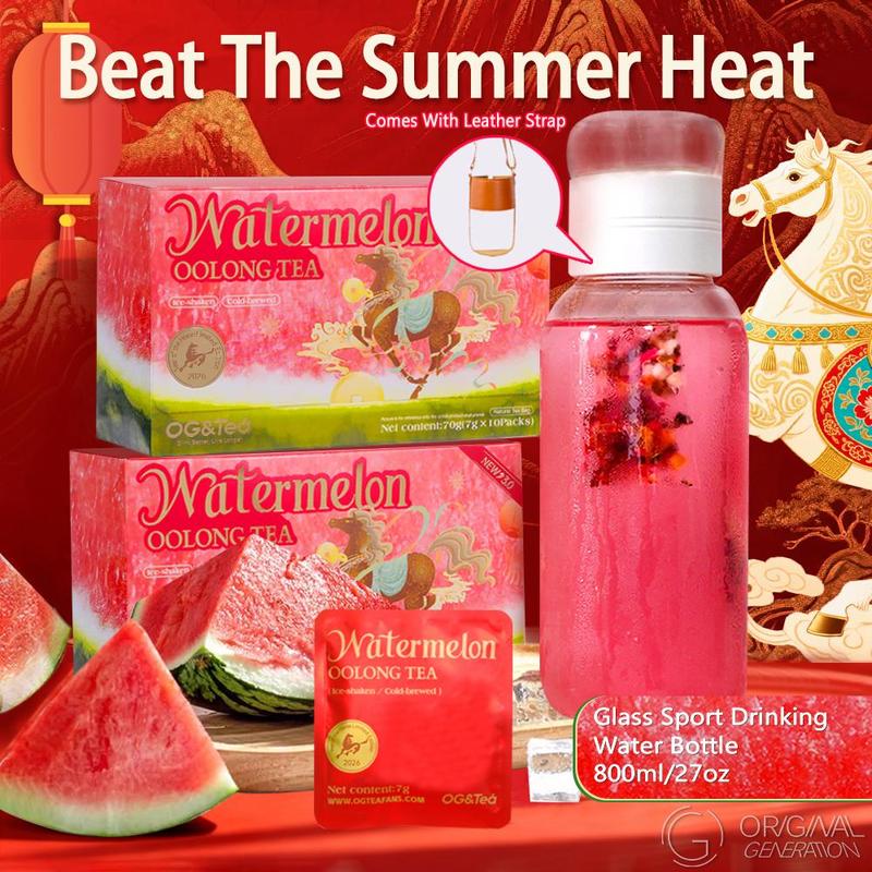 Bogo Sugar Cleanse  Lunar New Year 3.0 Watermelon Oolong Tea 2 Cartons (1 Carton 70g 7g×10packs)×2 With Color Changing Glass Sport Drinking Water Bottle With Oolong Tea Red Pitaya Watermelon Peach Pumpkin Strawberry Apple