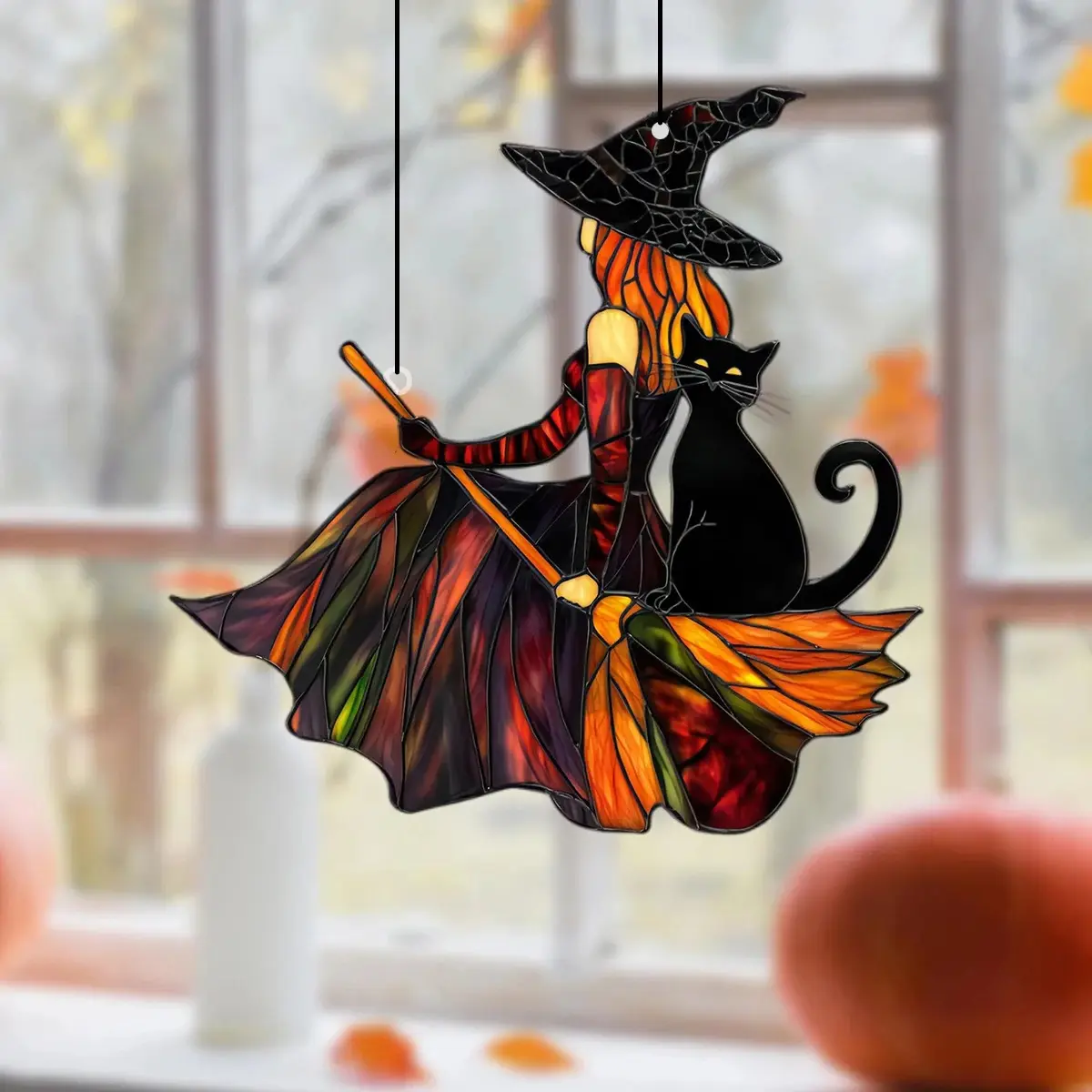 Lightweight Gothic Acrylic Witch & Black Cat Suncatcher Wind Chime, Broom Witch Hanging Ornament for Halloween Home, Party Window Decor