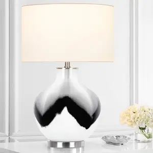 Modern Ceramic Table Lamp with Black and White Chevron Pattern,Cream Fabric Shade, Brushed Nickel Base for Living Room Bedroom