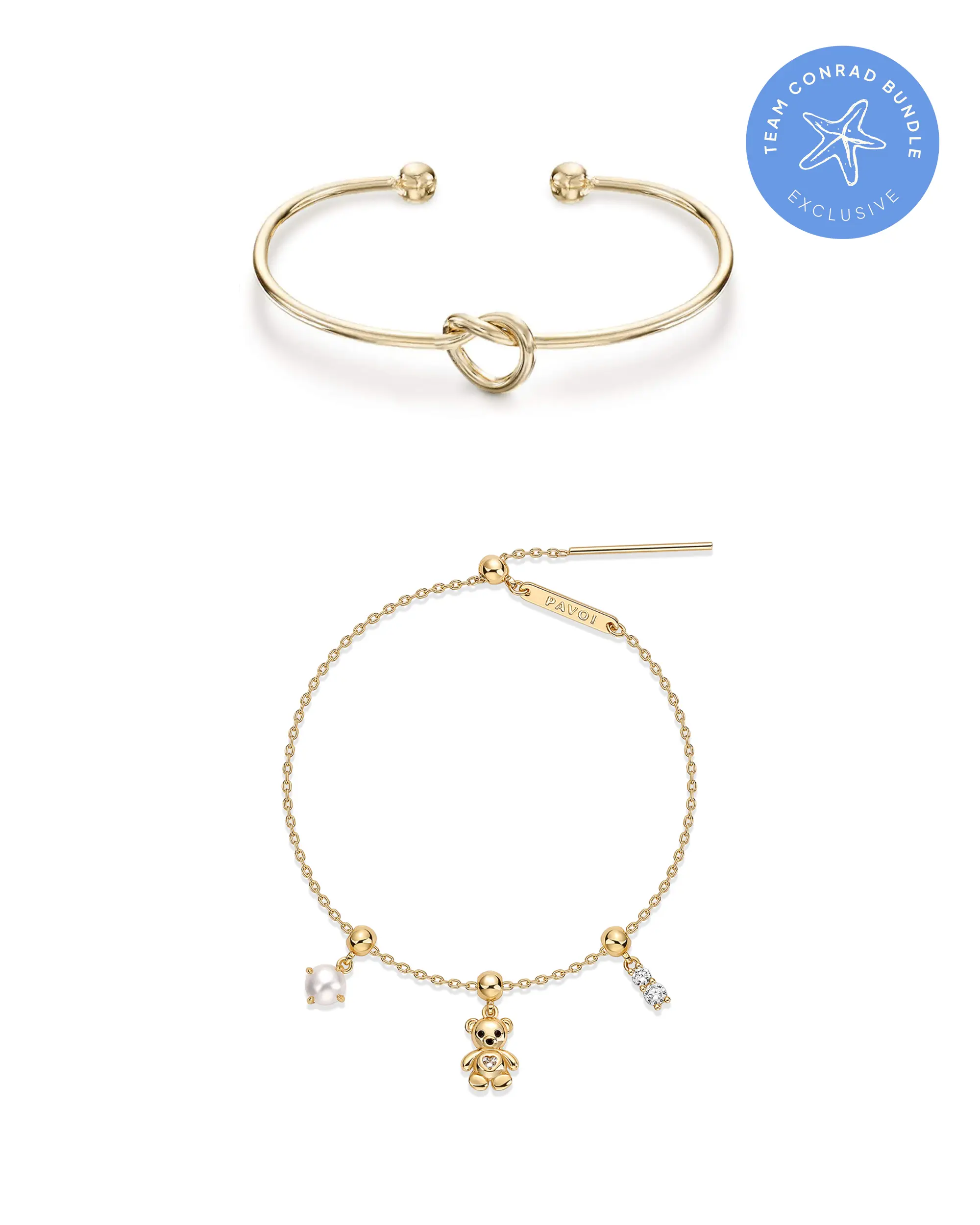 PAVOI 14K Gold Plated Adjustable Bracelet Set for Women - Infinity Love Knot Bangle and 7-Inch Sliding Charm Bracelet with Removable Charms - Team Conrad Bundle