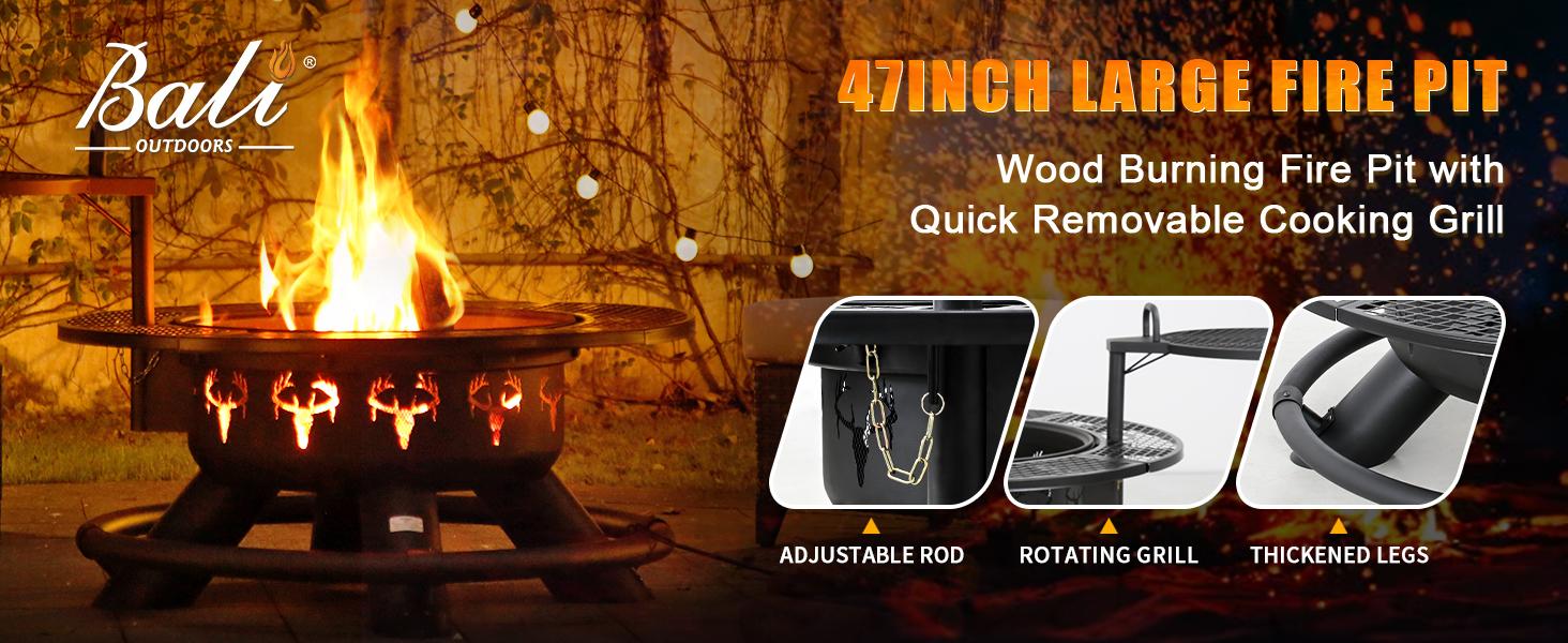BALI OUTDOORS 2-in-1 Wood Burning Fire Pit with Removable Cooking Grill Black Ultra-Durable Iron Grate 360-Degree Rotation Adjustable Height for Heating and BBQ Christmas gift