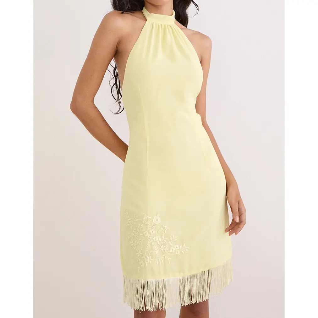 Motelrocks Brisea Women's Regular Fit Vintage Bloom Embroidered Halter Neck Fringe Tassel Hem Casual Mini Dress