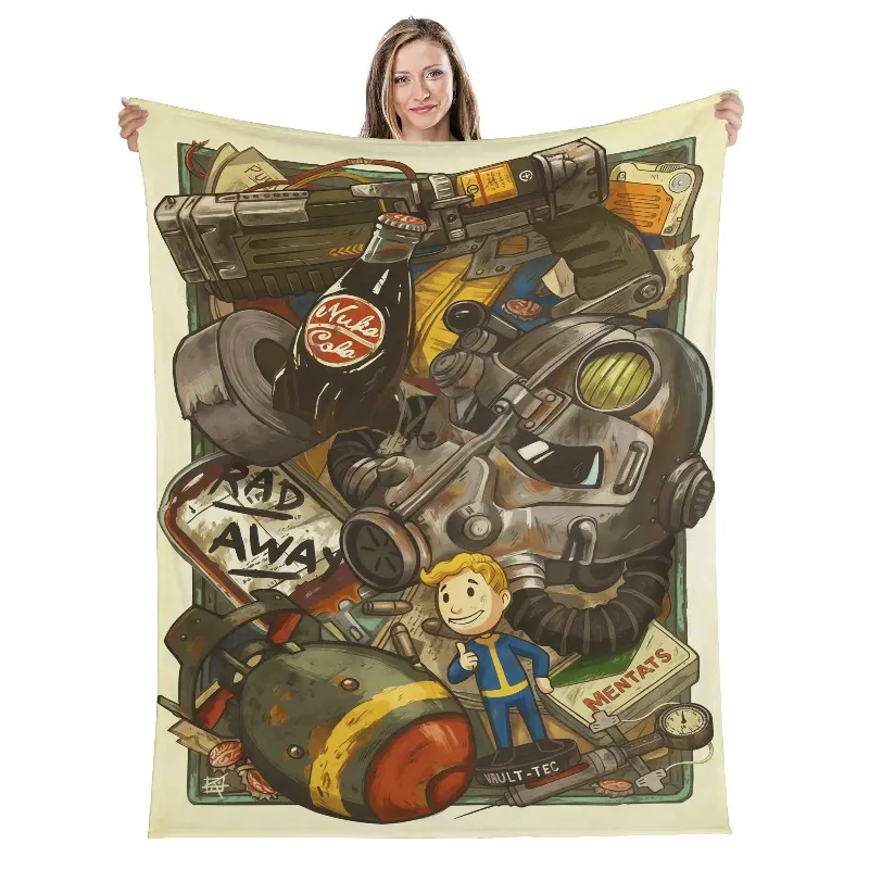 Fallout Themed Printed Flannel Cozy Blanket Throw - Retro Game Design, Lightweight Durable, Suitable for Sofa, Bed, Halloween Decoration, Soft Flannel Shawl