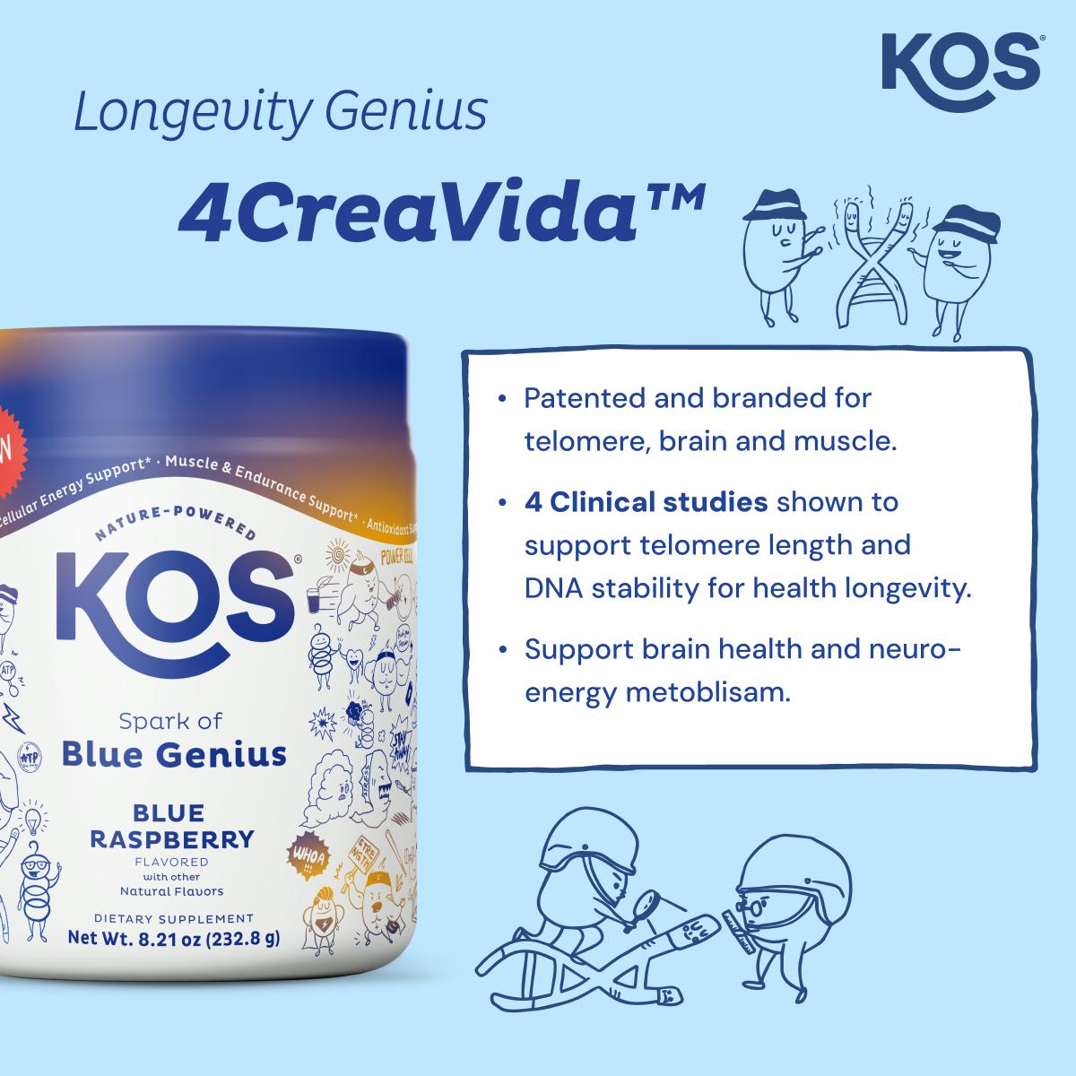 KOS  NAD+ Blue Genius -  & Cellular Energy Supplement with NMN, RiaGev, 4CreaVida, Alpha GPC for Healthy Aging, Blue Raspberry, 8.21 oz