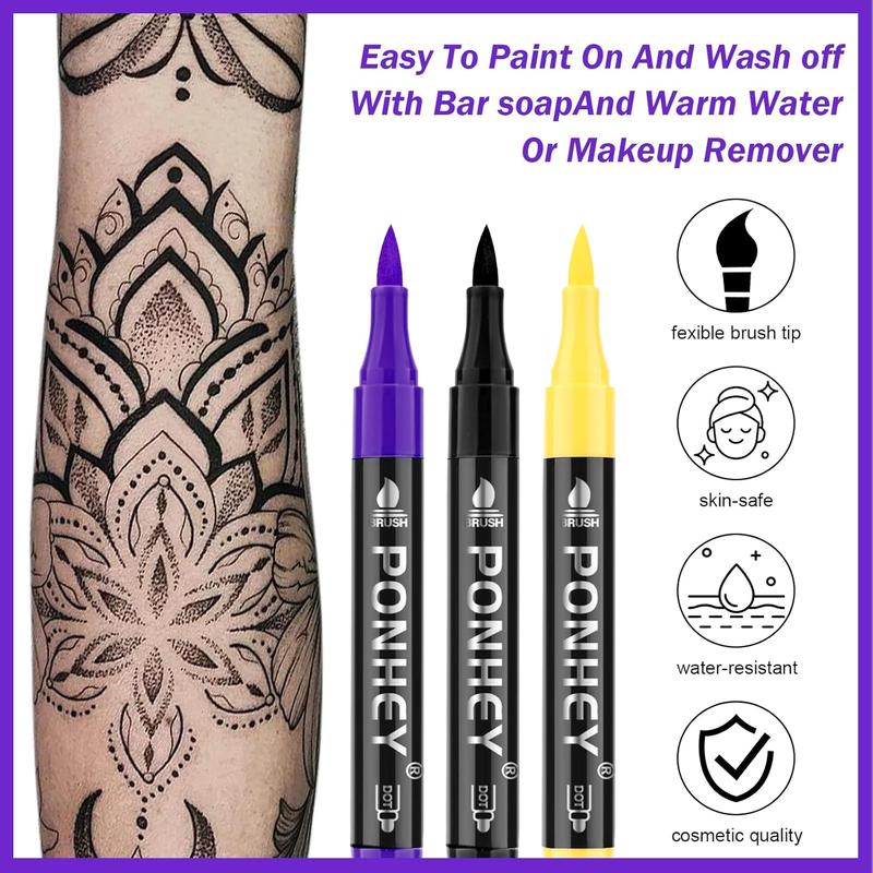 Ponhey Temporary Tattoo Markers for Skin, 24 Body Markers+67 Large Tattoo Stencils,Dual-End Tattoo Pens,Fine Lines with Cosmetic-Grade,Flexible, Skin-Safe Face Paint Kit for Teenage Adults