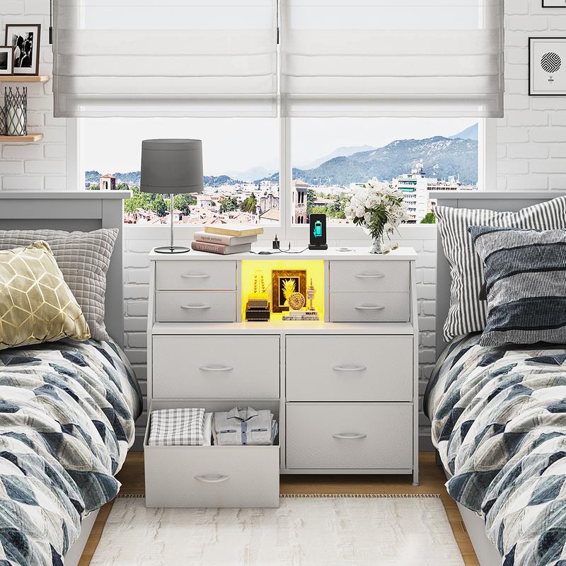 【Storage Hack】Raybee Vanity sideboard 30''H 8 Drawers Dresser for Dorm & Attic,Dresser with Built-In Charging Station and LED, Sturdy Chest of Drawers with Two Open Shelves for Storage,Hides all your clutter to keep you organized and your vibe on point