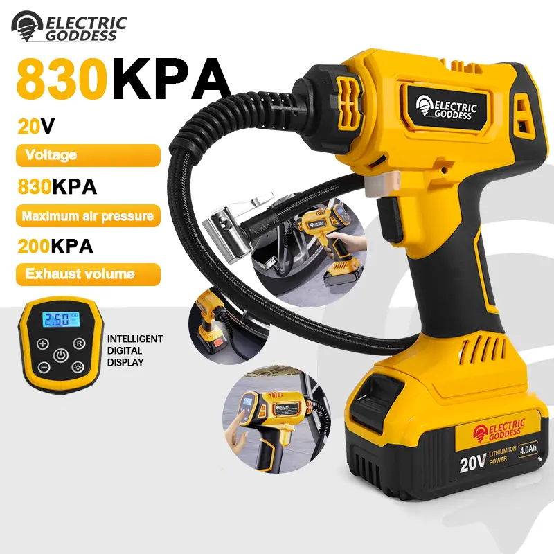 Electric Goddess 20V 830KPA Air Compressor with Intelligent Digital Display and 200KPA Exhaust Volume Yellow