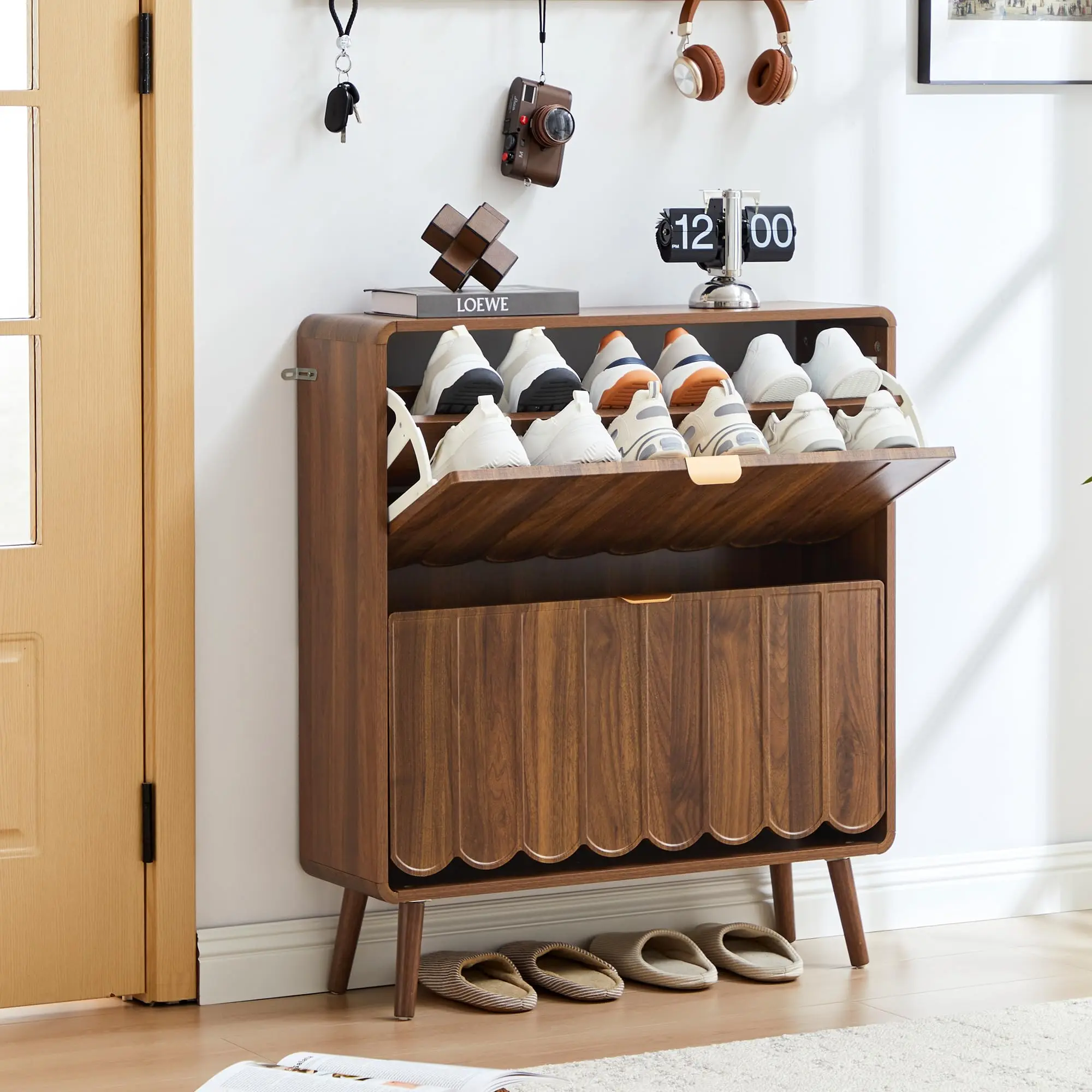 Giratree Shoe Storage Cabinet for Entryway with 2 4 Flip Drawers, Freestanding Narrow Wood Shoe Cabinet with Wave Panel, Hidden Shoe Organizer for Foyer, Hallway