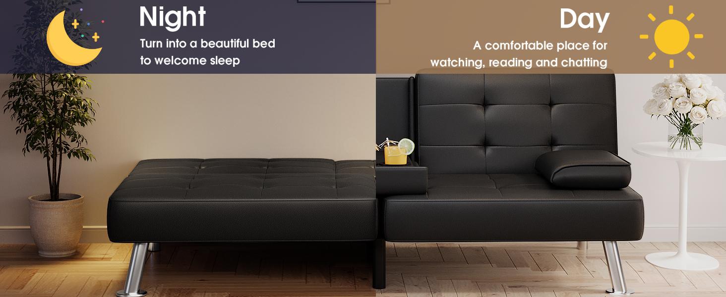 Futon Sofa Bed, Leather Futon Couch with Removable Armrests, Adjustable Recliner Sleeper Sofa Bed with Dual Cup Holders for Living Room, Apartment, Office (Black)