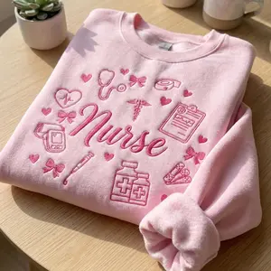 Icons Nurse Embroidered Sweatshirt, Kawaii Job Crewneck, Nursing Student Soft Pastel Sweater (Tone On Tone)
