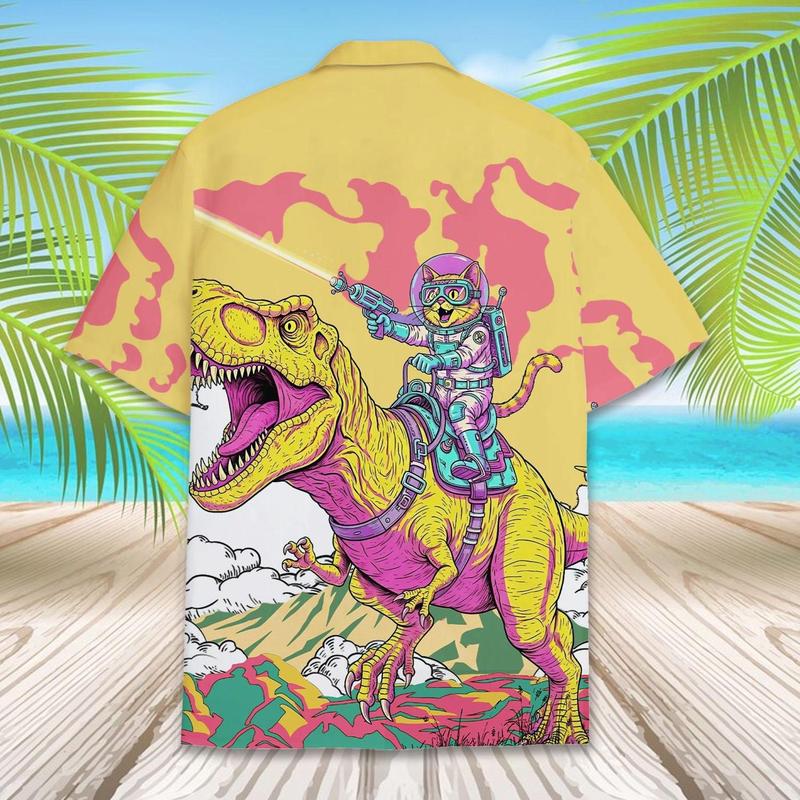 Astronaut Cat Riding Dinosaur Hawaiian Shirt Menswear, Funny Weirdcore Collared Button Shortsleeve Aloha Top, Casual Polyester Streetwear