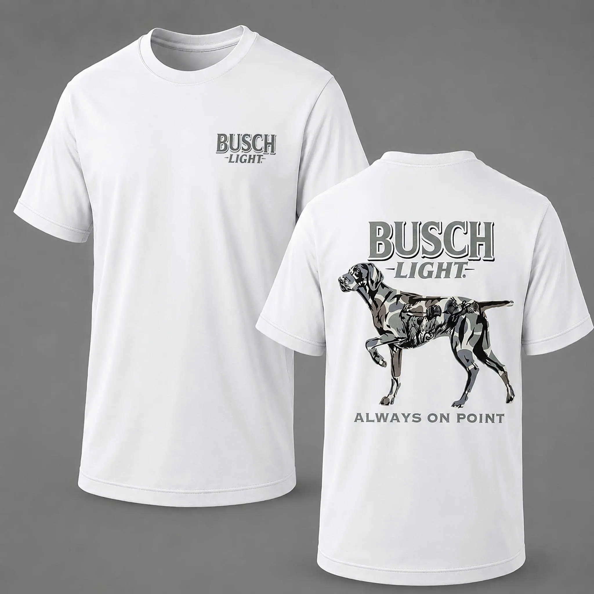 Busch Light Camo Hunting Dog Always On Point Front and Back Print T-Shirt, Vintage Outdoor Hunting Graphic Tee, Bird Dog Lover Shirt, Pointing Dog Hunter Gift, Patriotic Country Lifestyle Unisex Cotton ShirUnisexTshirt, CasualTshirt, TrendyTee, VintageTee