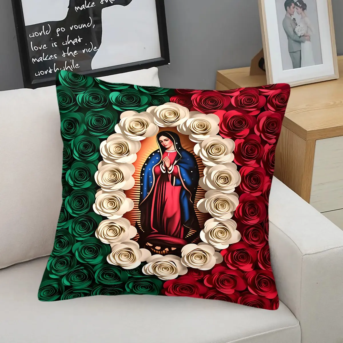 Our Lady of Guadalupe Throw Pillow,  Art Accent Pillow, Decorative Devotional Cushion with Red Green Rose Print,Perfect for Couch,Bed,Prayer Room & Catholic Faith Home Decor,Ideal Holiday Gift for Devotees