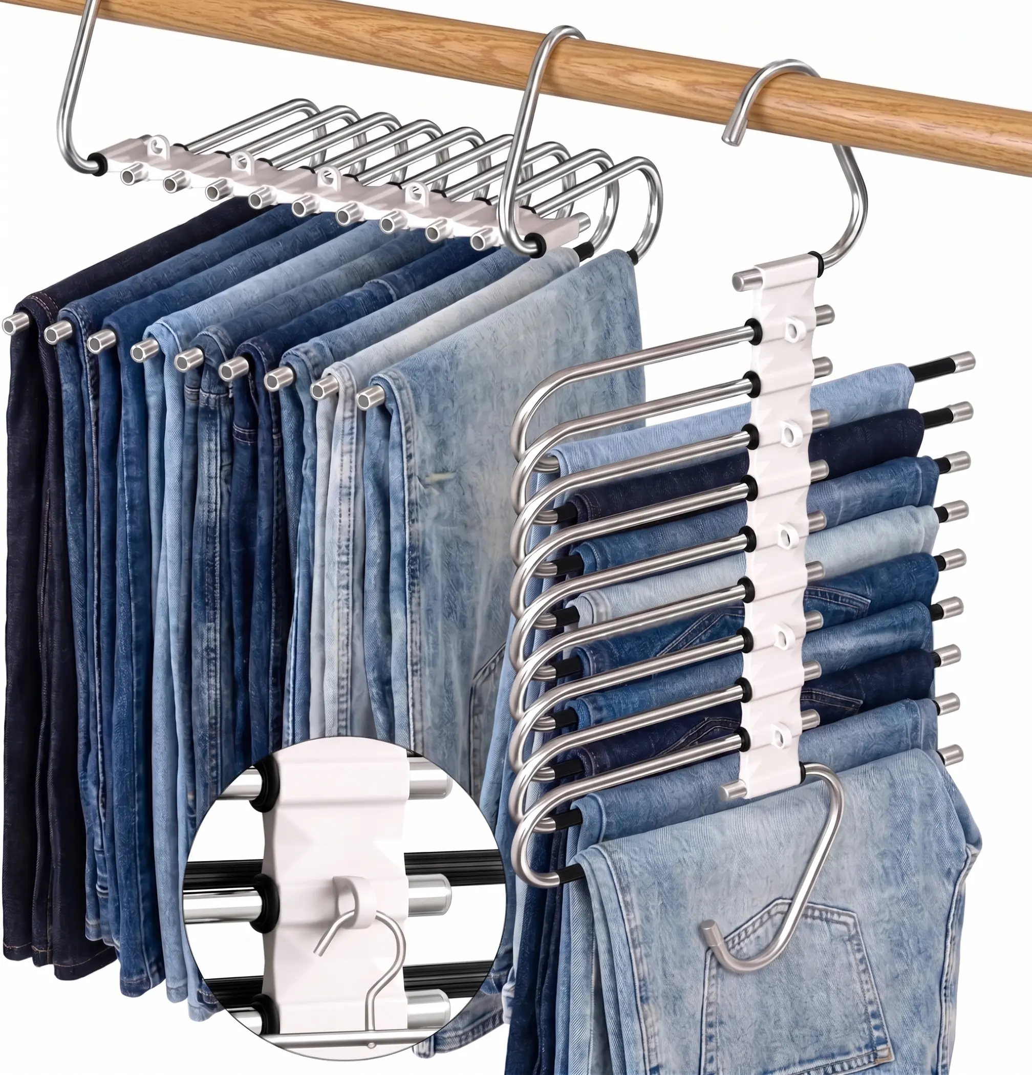 Stainless Steel Space-Saving Foldable Pants Hanger - Slide Retractable Rods, Adjustable Hook, 2 Vertical-Horizontal Hanging Ways, Closet Organiser for Jeans, Slacks (Space Saving Hangers),dorm essentials,home decor