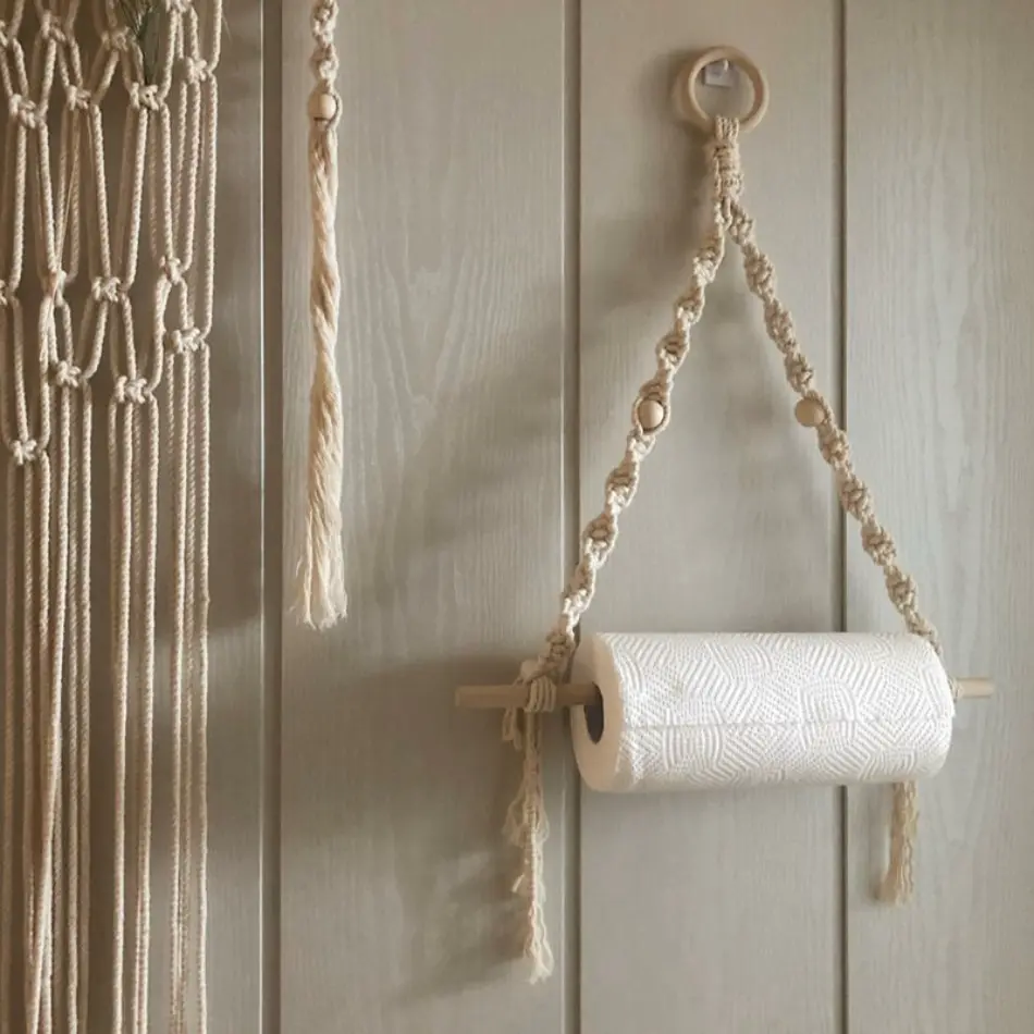 Boho Macrame Wall Bag Hanger - Handwoven Polyester Wall-Mounted Hanging Mount Organizer with Storage Pockets, Wooden Rod for Bedroom, Living Room, Multifunctional, Sturdy Storage Decor