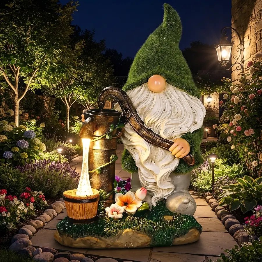 Solar Garden Gnome Statue with Water Pump & LED Light, Flocked Green Hat Yard Ornament, Resin Outdoor Figurine for Lawn, Patio, Yard Art, Landscape Decoration, Cute Housewarming Gift, Weather-Resistant Lawn Sculpture, Porch Accent Decor, Magical Fairy