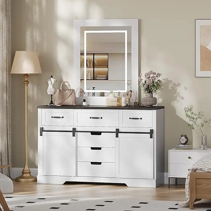 6 Drawers Dresser with Mirror for Bedroom Makeup Vanity with Light Mirror, Farmhouse Modern Dressers Chest of Drawers with Sliding Barn Doors for Bedroom, Living Room