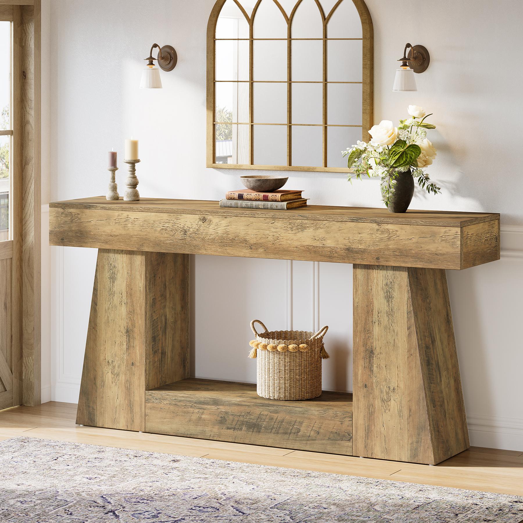LITTLE TREE 63" Farmhouse Console Table with Storage, Rustic Sofa Table for Entryway, Narrow Long Sofa Table Behind Couch, Console Table for Living Room, Hallway—Versatile Storage Solution, Oak