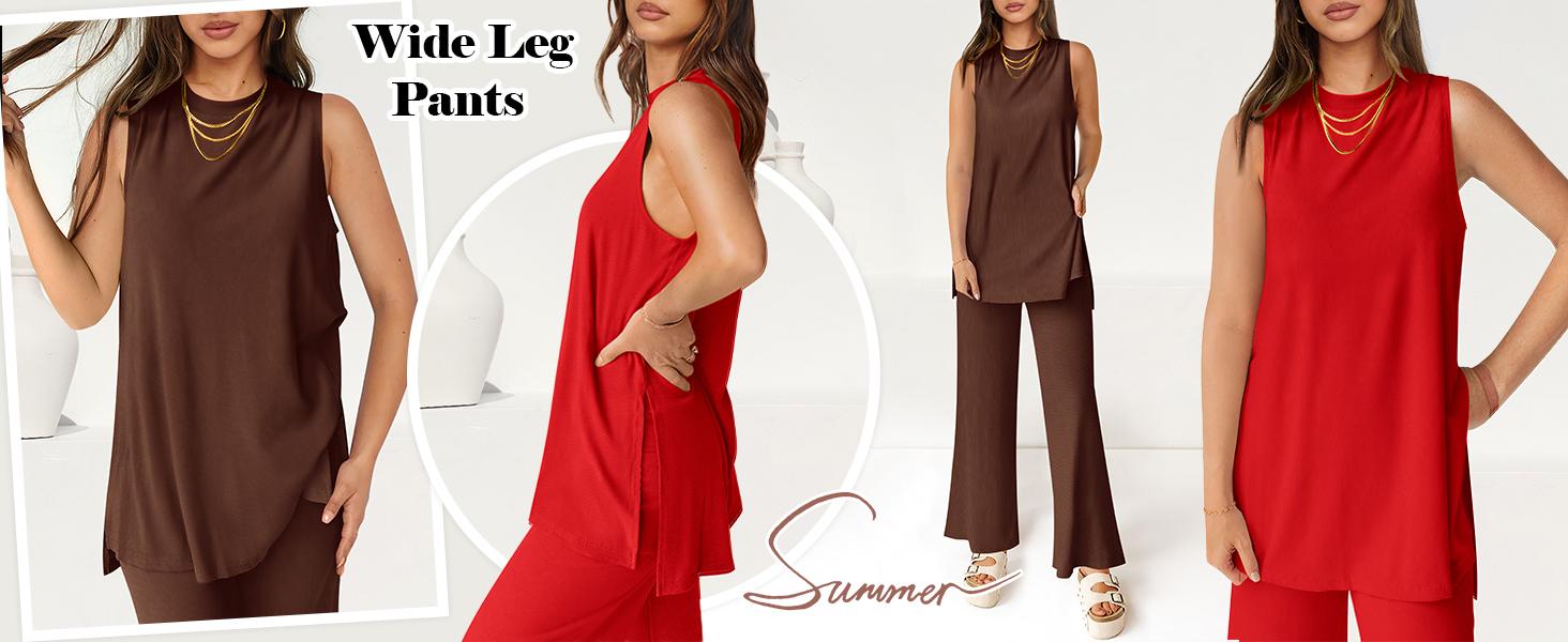 PrettyGarden Women's 2 Piece Lounge Set Summer Casual Loose Tank Top & Wide Leg Pants Matching Travel Outfits Tracksuit With Split Hem & Pockets Crewneck Sleveless Minimalist