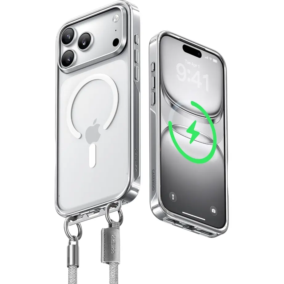 CASEKOO Glossy Magnetic LINKOO Case with Wrist Strap 2026 New iPhone 17/16 Pro Max Case, Patented ClipSafe: Built-in Foldable Hidden Tab, Anti Theft Strap, Summervibes, Aluminum Alloy Lens Protection, Clear Back Case, Silver Frame, Orange