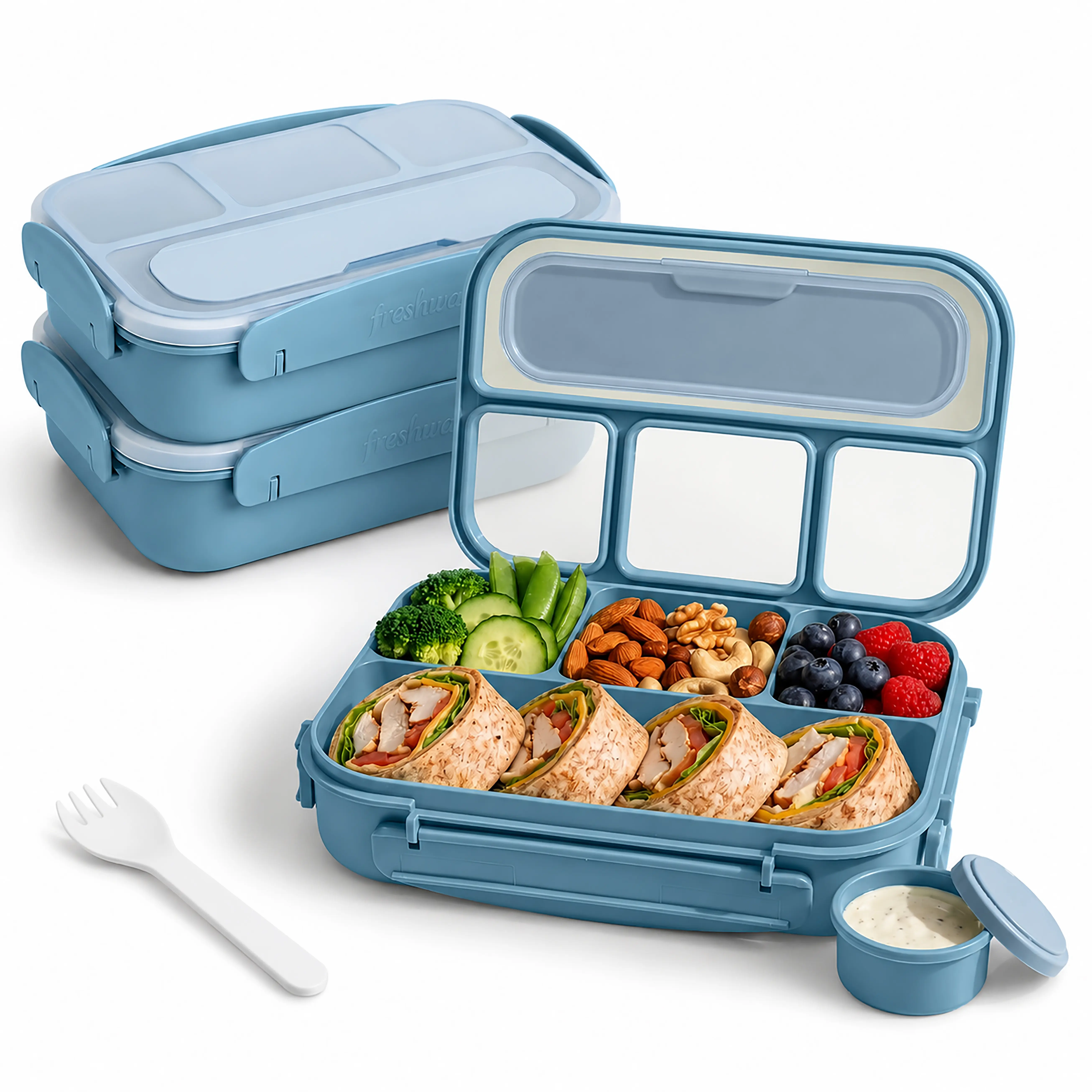Set of 2 Large 4-Compartment Bento Box for Kids & Adults (42 oz) | Portion Control Lunch Container with Utensil & Sauce Jar Reusable Leakproof