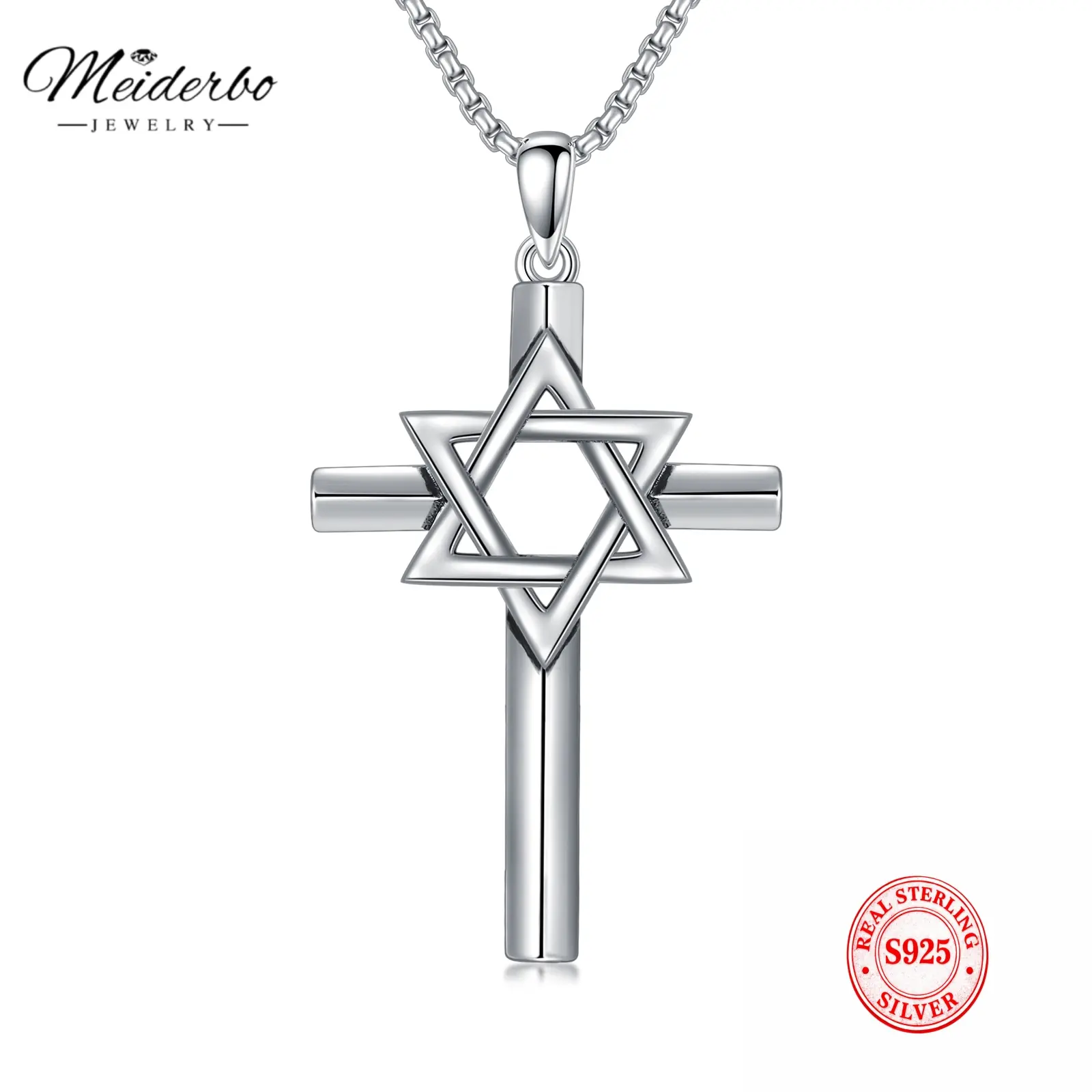 MEIDERBO 925 Sterling Silver Star of David & Crucifix Cross Necklace, Judeo-Christian Religious Jewelry, Aesthetic Crucifix Necklaces Silver Cross Necklaces Gifts for Men Women
