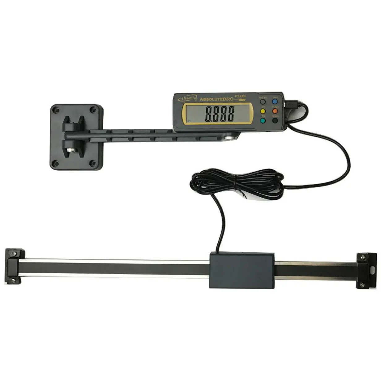 iGaging 32" Absolute Digital Readout (DRO) Hand Measuring Tool - 35-832-a Model, LCD Digital Display, Remote Reading, 76" Remote Cable Length, 36.5" Total Beam Length, Steel Construction, Cable Connection, 2 Different Types of Mounting Brackets, Absolute