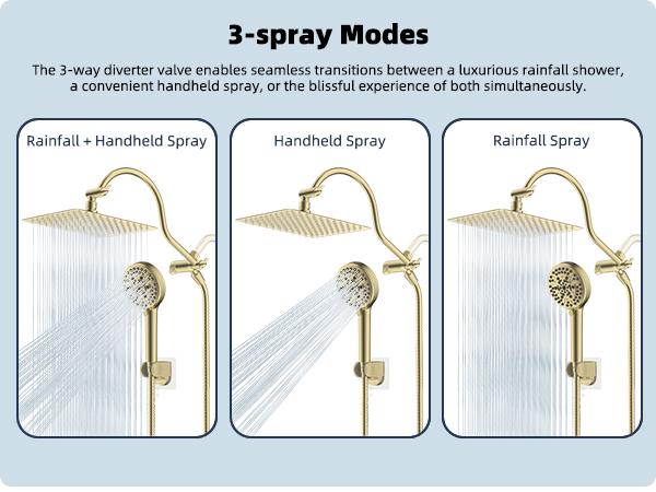Hibbent All Metal High Pressure Rainfall Shower Combo/Handheld Showerhead Combo with 12'' Adjustable Curved Shower Extension Arm, 10-Spray, 71'' Hose, Showerhead Holder, Brushed Gold