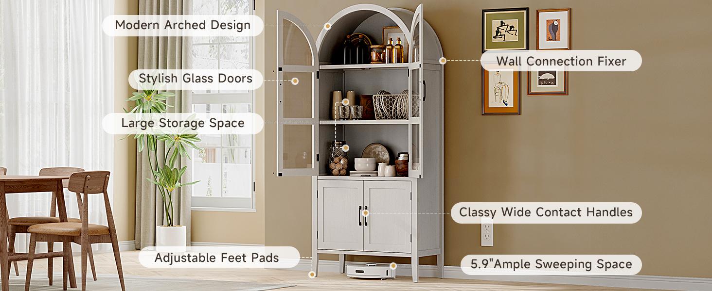 【SPRING GLOW UP】ONBRILL 71''Tall Arched Storage Display Cabinet, 5-Tier Kitchen Pantry With Glass Doors & Shelves 【SPRING GLOW UP】ONBRILL 71''Tall Arched Storage Display Cabinet, 5-Tier Kitchen Pantry With Glass Doors & Shelves