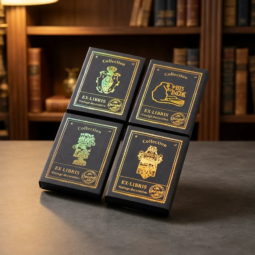 Vintage Old Library Adhesive Bookplates Stickers - 4 Design Retro Ex Libris Die-Cut Decals, Scrapbook Supplies, DIY Craft Accents for Journaling, Collectibles